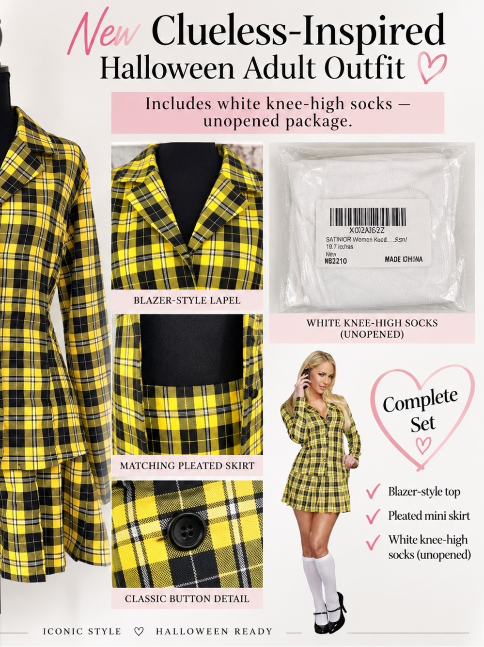 Dreamgirl Fancy Girl Yellow Plaid Clueless Inspired Costume 3 Pc Set